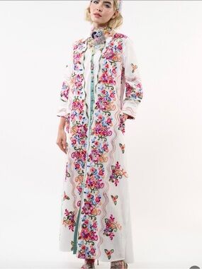 Aratta White Maxi Coat with Multicolor Floral Embroidery $224 msrp
